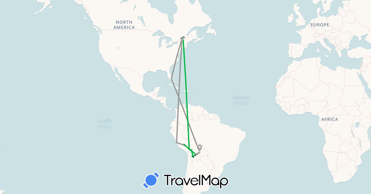 TravelMap itinerary: driving, bus, plane, cycling, train, hiking, motorbike in Bolivia, Canada, Peru, United States (North America, South America)