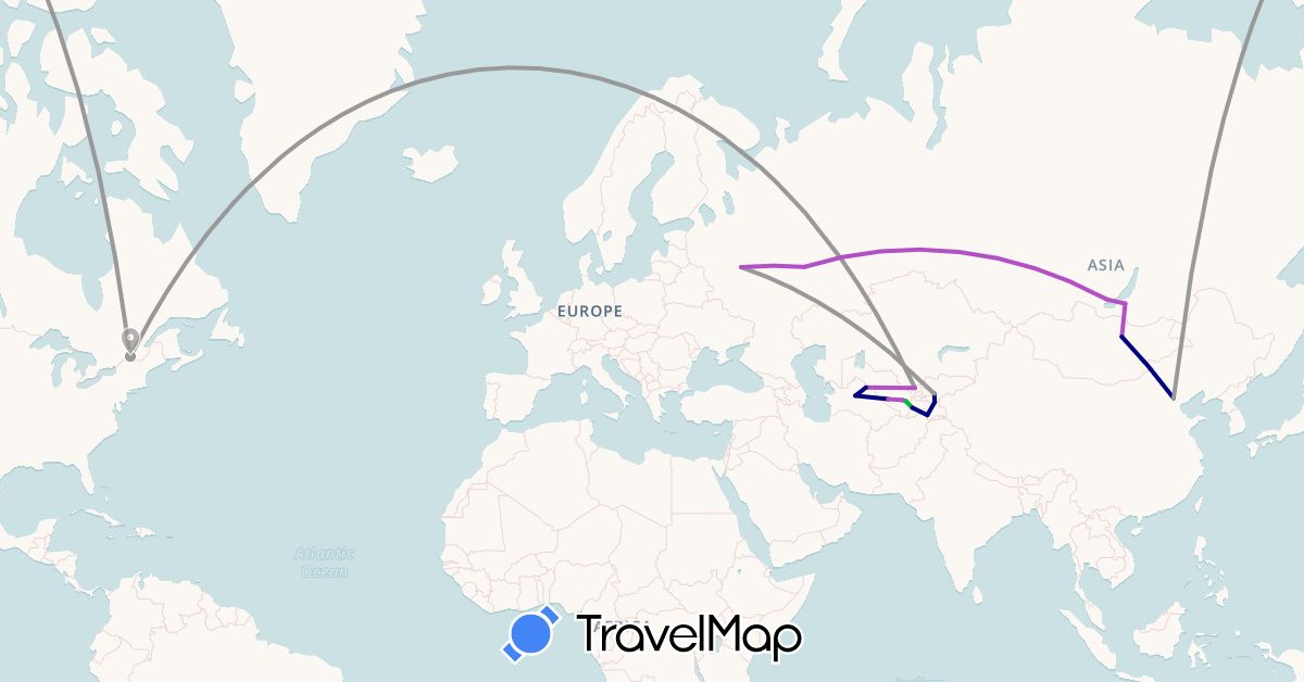 TravelMap itinerary: driving, bus, plane, train in Canada, China, Kyrgyzstan, Mongolia, Russia, Tajikistan, Turkmenistan, Uzbekistan (Asia, Europe, North America)